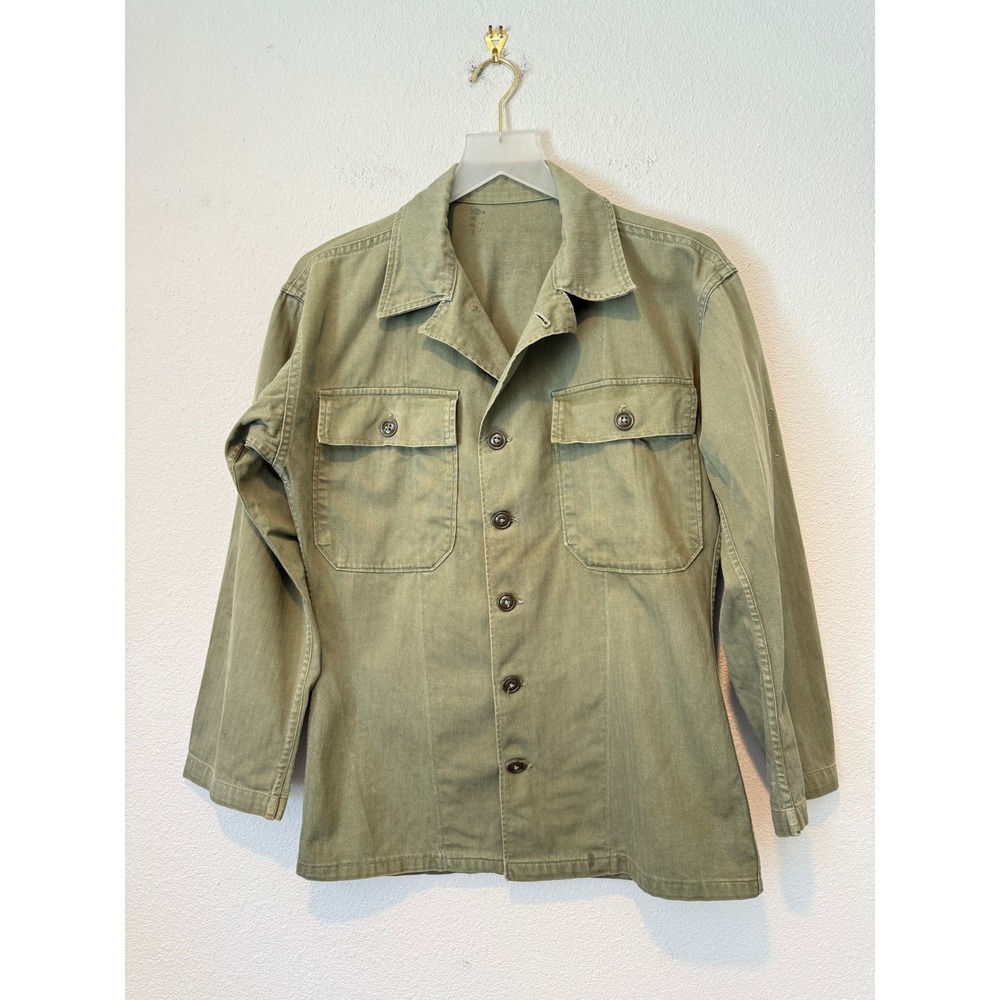 Vintage Vietnam Military HBT Herringbone Twill Utility Shirt Jacket Olive Green
